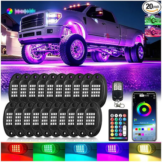 20Pods RGB LED Rock Lights Kit with APP/RF Remote Control, Segmented Multicolor Underglow Accent Light Exterior Music Mode Waterproof 12V for Trucks Pickup Dually Truck Off-Road
