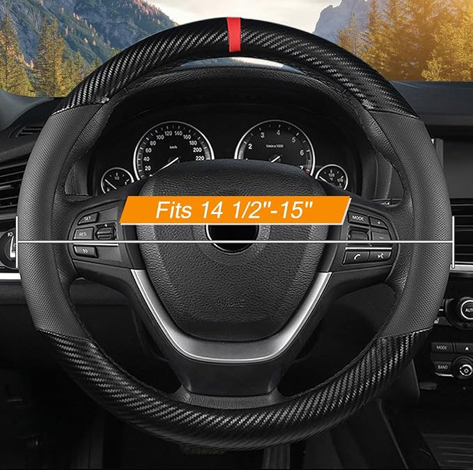 KAFEEK Carbon Fiber Steering Wheel Cover for Men, Car Accessories, Black | Universal 15 Inch Sporty & Thin Cover, Anti-Slip Breathable Leather with Racing Red Center Stripe