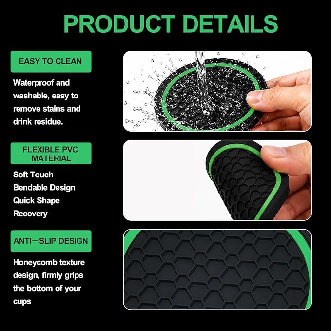 4PCS Car Cup Holder Coasters - 2.75 Inch Non-Slip Insert Water Bottle Holder Pads, Dustproof Automotive Interior Accessories Mat, Universal for Vehicles, Trucks, RVs (Green)