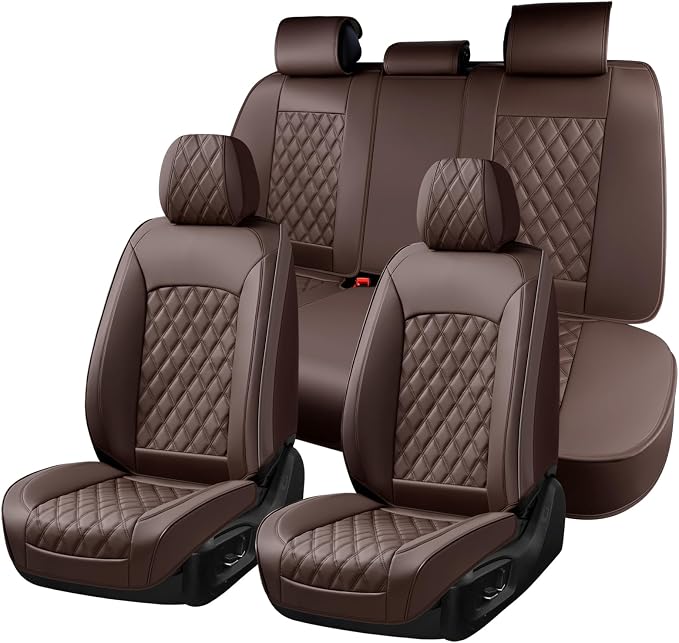 Huidasource Coffee Seat Cover, Car Seat Cover Nappa Leather Universal Fit for Most Cars, Vans, Trucks, SUVs, Compatible with Airbags, Child Seat, SUV Seat Covers Velcro Adjustable (Full Set/Coffee)