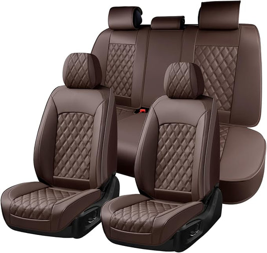 Huidasource Coffee Seat Cover, Car Seat Cover Nappa Leather Universal Fit for Most Cars, Vans, Trucks, SUVs, Compatible with Airbags, Child Seat, SUV Seat Covers Velcro Adjustable (Full Set/Coffee)