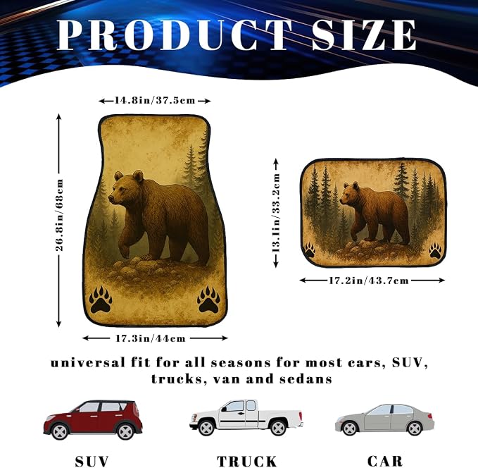 Bear Car Floor Mats Vintage Brown Forest Paw Rustic Wildlife Carpet Front Rear Carpets Mat Decorative Car Floor Carpets Non-Slip Auto Car Accessories Universal Fit Car Accessories for Truck
