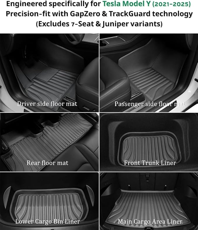 SUPER LINER 6-Piece Floor Mats & Cargo Liners Compatible with Tesla Model Y 2020-2024 5-Seat, 5D Laser Measured All-Weather Floor Liners with Trunk Frunk Mats & Door Sill Threshold Guards, Black