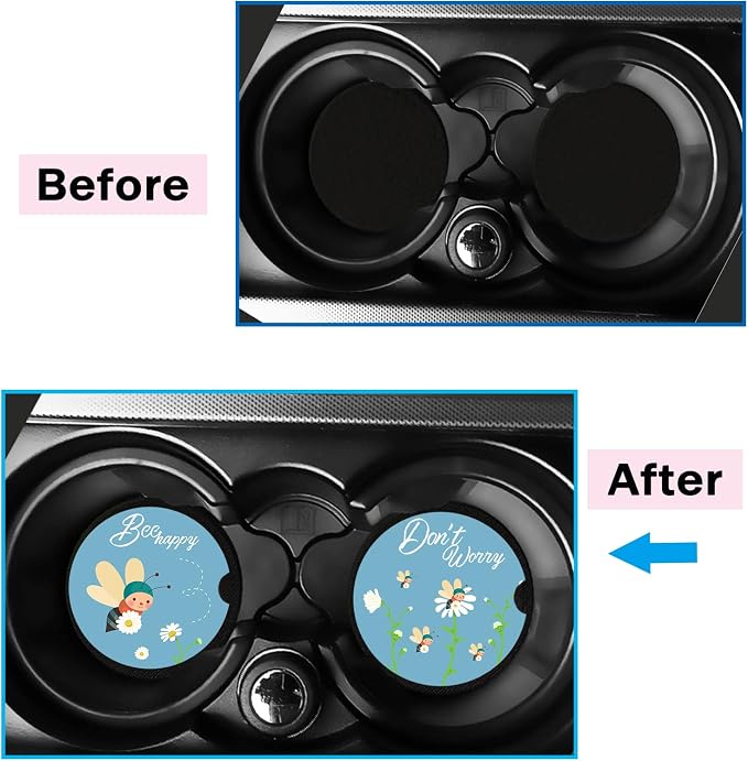 LogHog 2.56" Ceramic Car Coasters - Adorable Bee Design: Don't Worry, Bee Happy - Perfect Auto Cup Holders for Car, Absorbent, Durable
