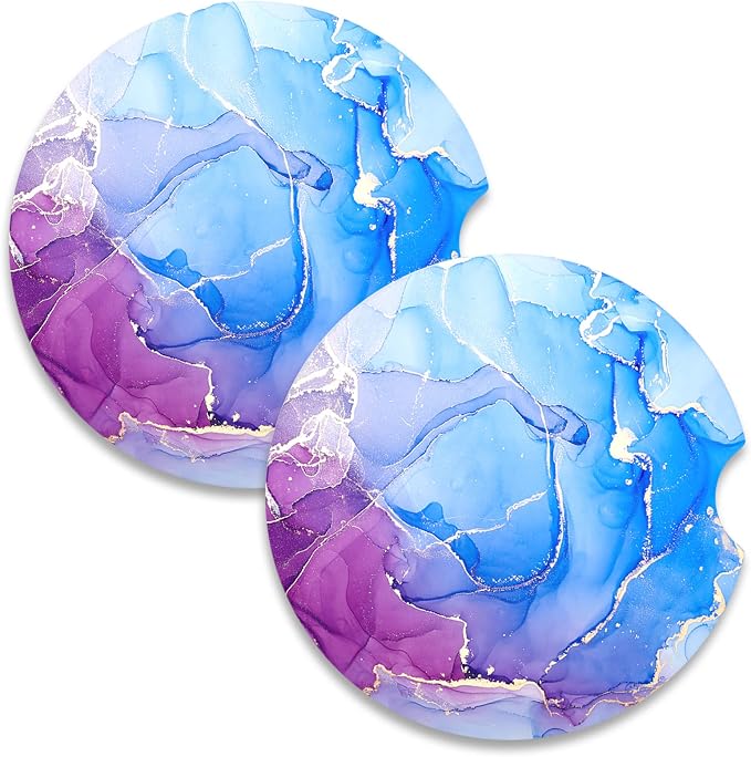 Nipichsha Car Coasters for Cup Holders, 2 Pack Absorbent Ceramic Car Cup Holder Coaster for Drinks, Cute Auto Assecories for Women Men, Size 2.56 in with Finger Notch & Cork Base, Blue Marble