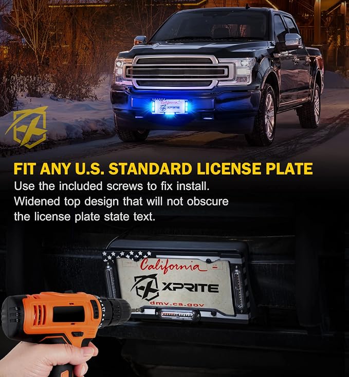 Xprite 36 LED License Plate Strobe Light, US Flag Front/Rear Utility Lights, 22 Modes Caution Frame for Construction Towing Snow Plow Pickup Work Trucks Cars - Blue (w/Pre-Installed 9FT Cable)
