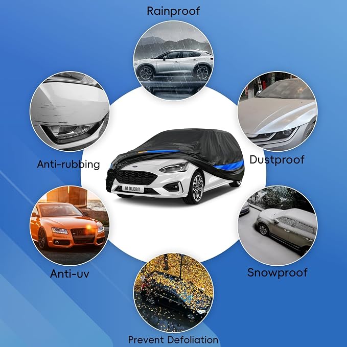 Hatchback Car Cover Waterproof All Weather, Universal Fit Ford Focus Honda Civic Hatchback, Toyota Corolla Hatchback, Subaru Impreza, VW Golf/GTI, Hyundai Kona, Nissan Leaf etc.