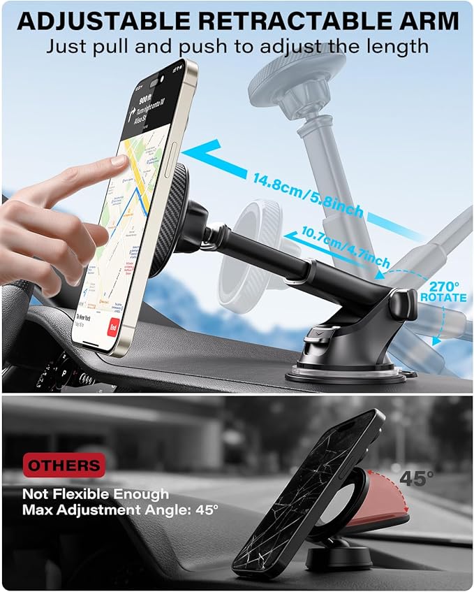 APPS2Car for MagSafe Car Phone Mount for iPhone, Magnetic Windshield Dashboard Holder with Telescopic Arm and Strong Suction Cup, Compatible with iPhone 17/16/15/14/13/12 MagSafe Cases