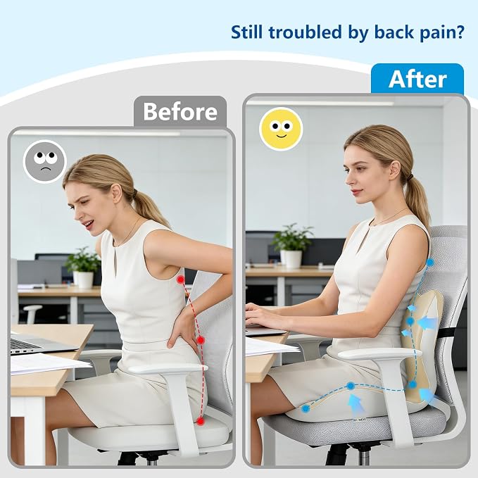 Ergonomic Memory Foam Seat Cushion with Strap for Office Chair, Beige Grey | Contoured coccyx cutout supports back and butt, with a non-slip base and washable cover for office chairs and cars.