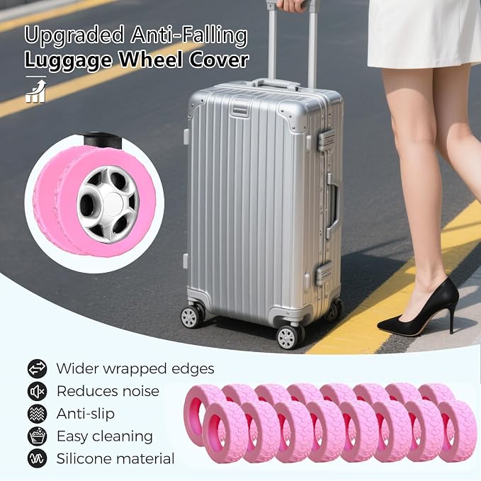 16 Pcs Luggage Wheel Covers, Anti-Noise, Fits 2-2.4" suitcase wheel, Pink | suitcase wheel covers,Widened & Thickened Silicone, Anti-Noise & Scratch-Proof, Fits 2-2.4" Carry-On Luggage Wheels