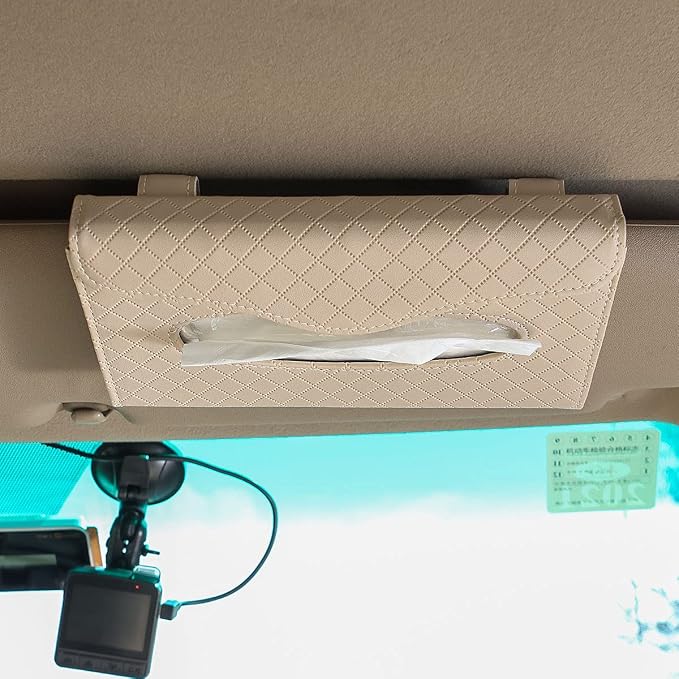 Car Visor Tissue Holder - Sun Visor Napkin Holder Backseat Tissue Case, Premium Leather Tissue Box Car Tissue Holder for Car Sun Visor & Seat Back (Beige, 1 Pack)