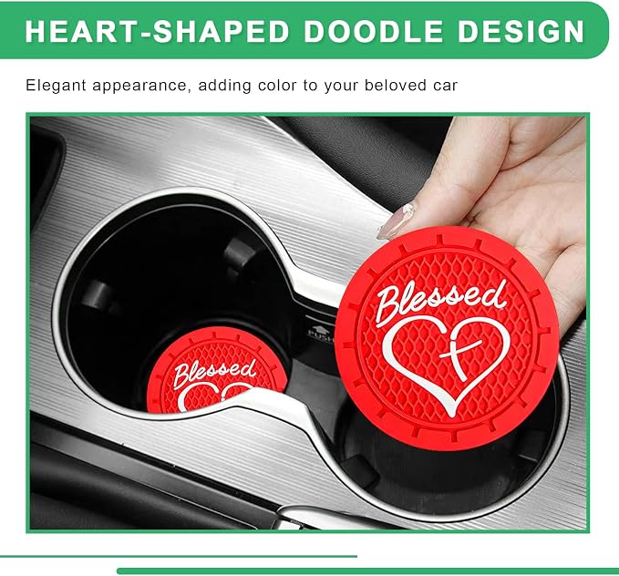 2 PCS Car Cup Holder Coaster, 2.76 Inch Non-Slip Auto Drink Mats with Blessed Cross and Heart, Shockproof Christian Cup Insert Coaster for Most Vehicles, Car Accessories (Red)