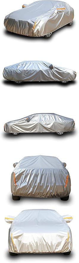 Tecoom Heavy Duty Multiple Layers Car Cover All Weather Waterproof Windproof Reflective Snow Sun Rain Protective Outdoor with Buckles and Belt Fit 191-200 Inches Sedan