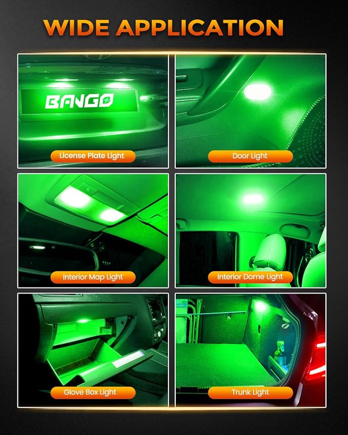 BANGO 24 Pieces Car LED Interior Light Bulbs, Non-Polarity Design with Removal Tool, Suitable for Car Dome Map Door Trunk License Plate Lights, Etc. (Green)