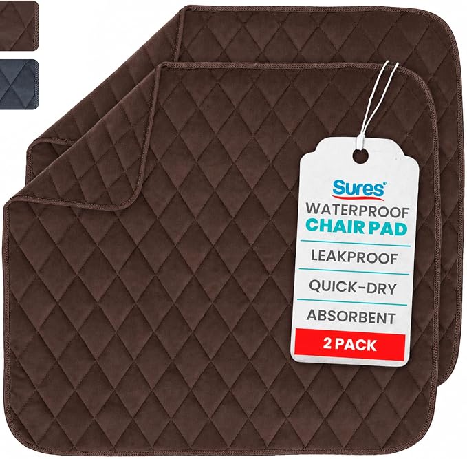 Sures Waterproof Chair Pads for Incontinence (22" x 21") - Washable, Waterproof Seat Protector - Chair Protector Seat Cover - Absorbent Pad for Bed, Seat, Car, Wheelchair & Recliner (Brown, 2 Pack)