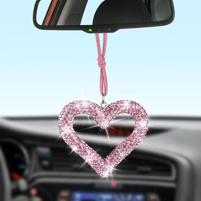 Bling Heart Car Hanging Accessories, Car Accessories for Women, Bling Rear View Mirror, Universal Bling Heart Diamond Car Accessories for Cars, Trucks, SUVs (Pink)