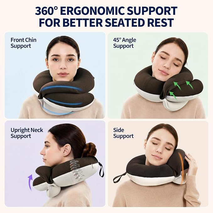 BUYUE Travel Neck Pillows for Airplanes, Memory Foam 360° Head Support Sleep for Long Flight, Skin-Friendly & Breathable, Kit with Eye Mask, Earplugs and Storage Bag (Adult, Brown, 90+ lbs)