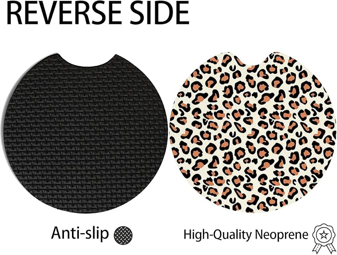 2pcs Leopard Print Car Coasters,Absorbent Universal neoprener Cup Holder Coasters with a Finger Notch,Car Accessories for Women&Man Interior，2.75" 4