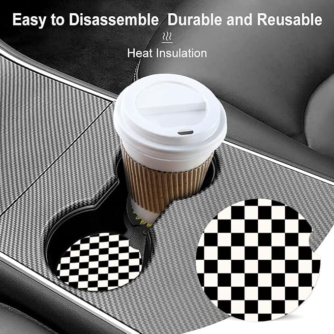 Absorbent Car Cupholder Coaster 2 Pack, Cute Car Coasters with a Finger Notch for Women & Men,2.56" Ceramic Stone & Non-Scratch Cork Base Drink Coasters (Checkerboard)