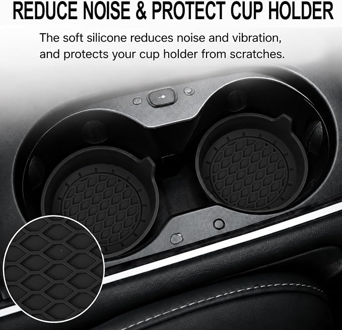 4 Pack Car Cup Holder Coaster, 3.15 Inch Non-Slip Silicone, Black | Cup holder insert, spill proof ,raised lip, honeycomb base, rinse clean, fits most sedans suvs trucks, automotive accessories