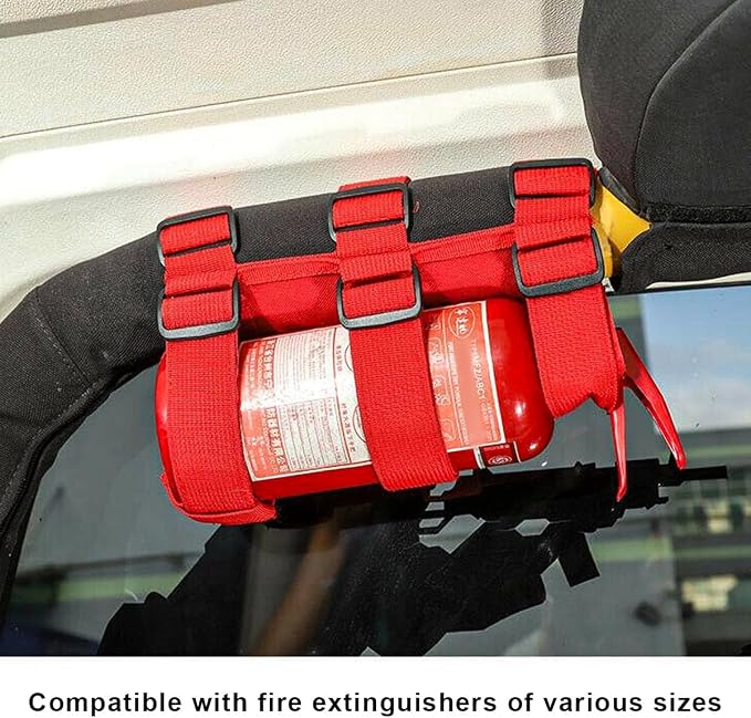 Ohleats Roll Bar Fire Extinguisher Holder, Adjustable Fire Extinguisher Mount Strap with American Flag Pattern, Car Accessories Fixed Belt for Wrangler JK JKU TJ CJ Gladiator (Red)