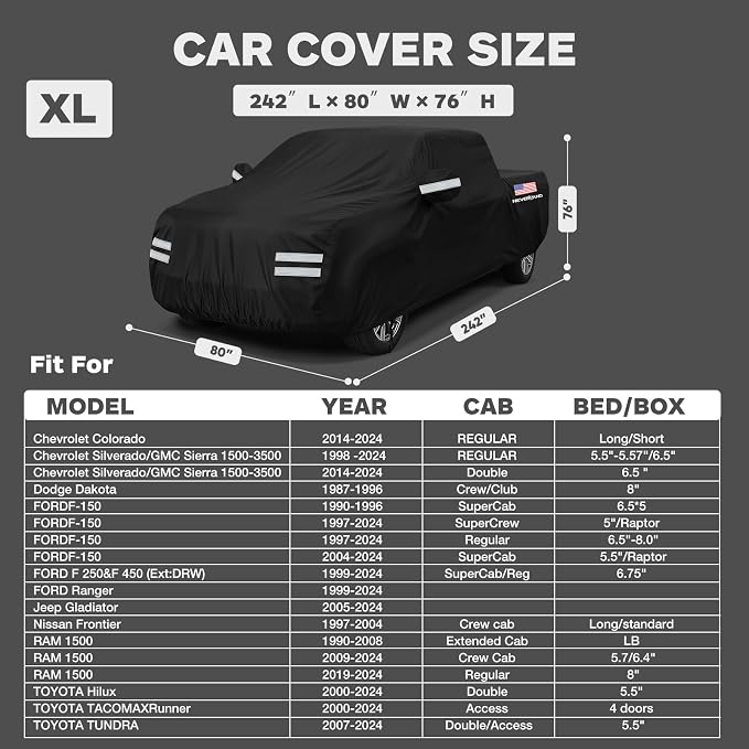 Truck Cover, Full Truck Covers Waterproof All Weather Dustproof, Snowproof, UV Protection Car Covers for Automobiles Universal Fit for Truck Cover Size 242''L x 80''W x 76''H