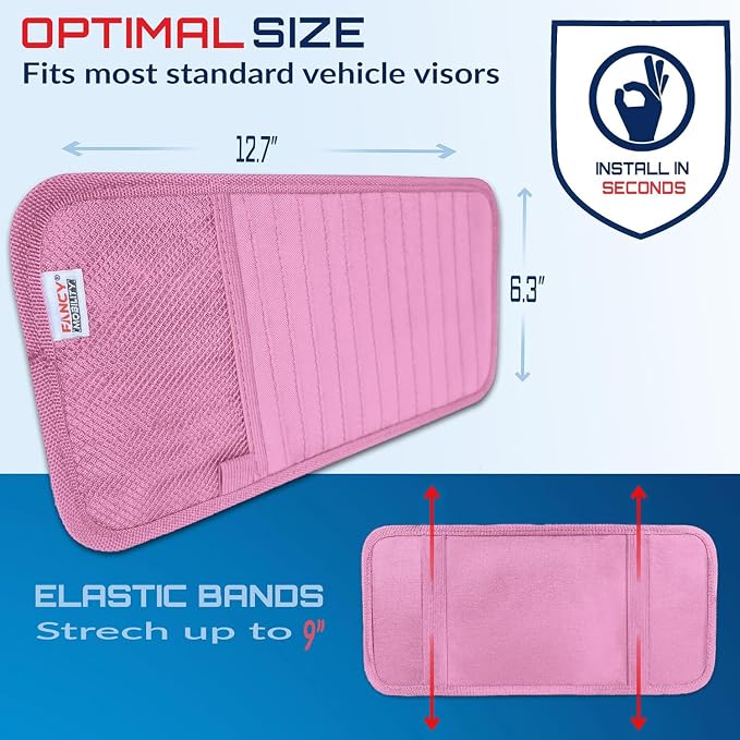 CD Case Holder for Car - Sun Visor Organizer for 12 CD’s/Dvd’s, 1 Mesh Pocket & 1 Horizontal Pen Holder - Safe, Ergonomic Design (Pink)