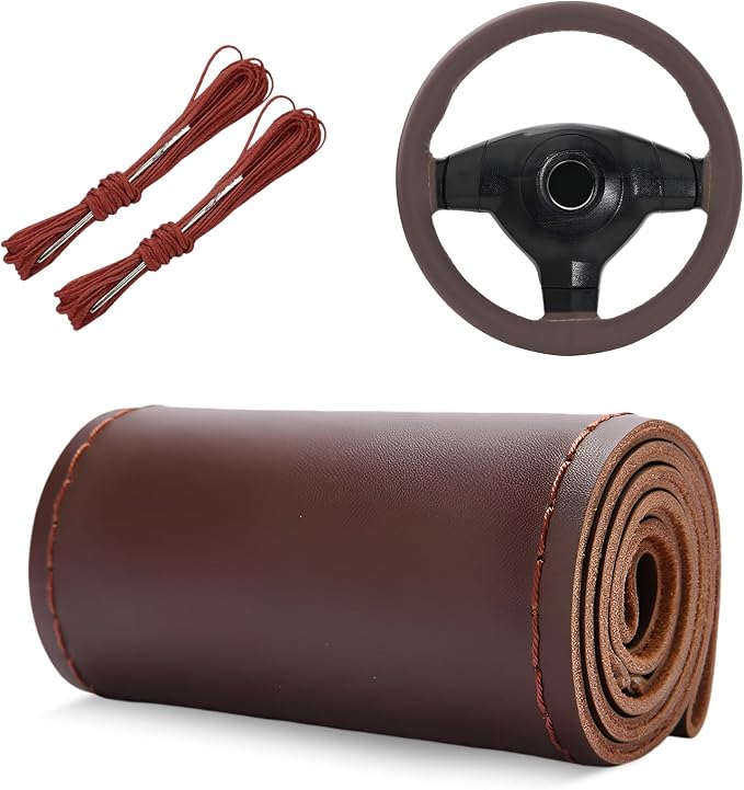 Genuine Leather Steering Wheel Cover, 15 Inch Stitch on Wheel Wrap with Needles & Threads, Breathable Steering Wheel Protector DIY Sewing Wrap for Car Truck SUV (Coffee, Glossy)