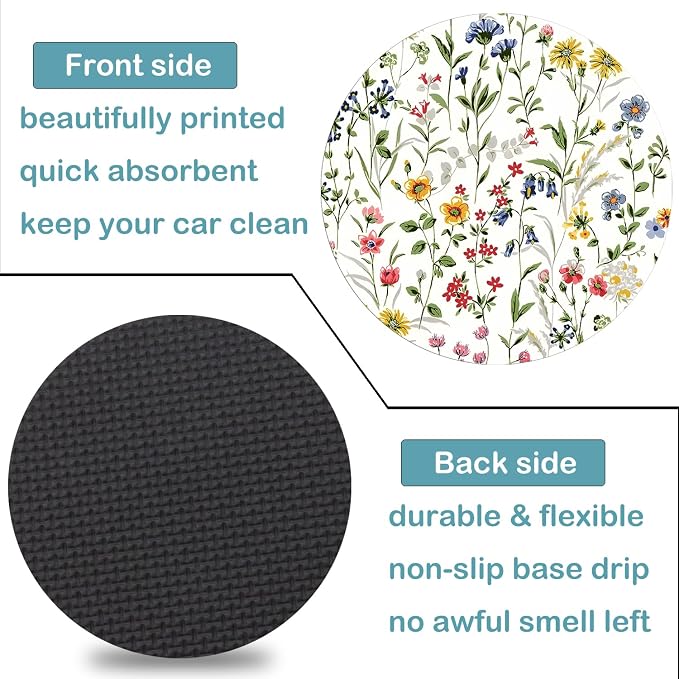 Car Cup Holder Coasters, 2 Pack – 2.75" Universal Auto Anti-Slip Insert Coaster, Rubber Car Coasters, Personalized Car Accessories for Women & Men (Wildflowers)