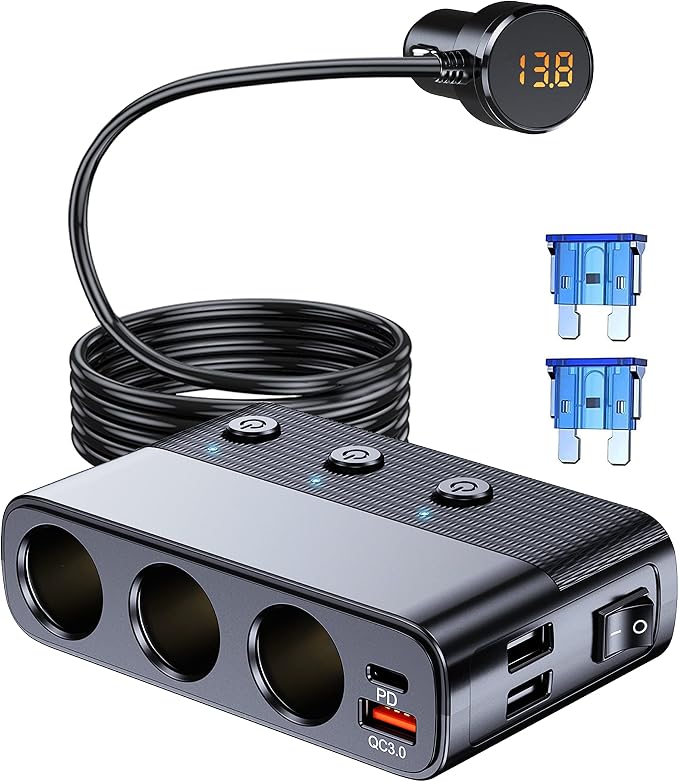 LIHAN 7-1 Cigarette Lighter Splitter, 3-Socket Adapter with PD 30W Type-C | 12V/24V Car Charger, QC3.0 & Dual USB Ports, Independent Switches, Voltage Display, 3.3FT Extension Cord for Truck RV SUV
