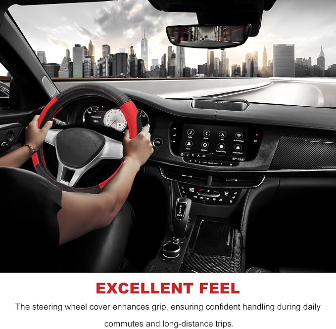Sport Leather Steering Wheel Cover, 14.5-15 Inch Breathable Auto Steering Wheel Protector with Anti-Slip Lining, Soft Comfortable Leather Wheel Protector for Cars Trucks SUVs (Black & Red)