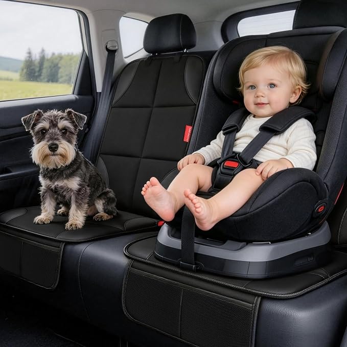 Car Seat Protector, Thick Padding and Upgraded Non-Slip Backing, 600D Waterproof Fabric Child Car Seat Cover with Mesh Pockets, No Imprints, Universal Fit for Car SUV Truck (Black 2pcs)