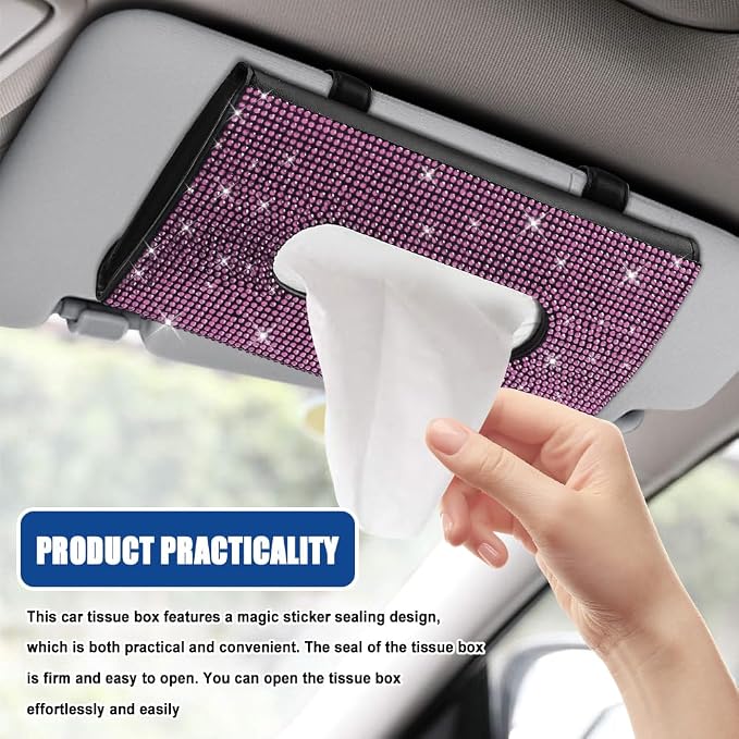 Bling Car Sun Visor Tissue Box Holder, Visor Accessories, Rhinestone PU Leather Crystal Sparkling Napkin Holder, Auto Sun Visor Paper Towel Cover Case Accessories for Most Cars (Pink)