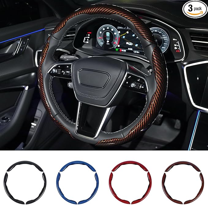 Hiseanllo Carbon Fiber Steering Wheel Cover 3PCS Set – Anti-Slip, Scratch-Resistant, Universal Fit for 14–16 Inch Wheels – Interior Car Accessories for Cars, SUVs, Trucks (Brown)