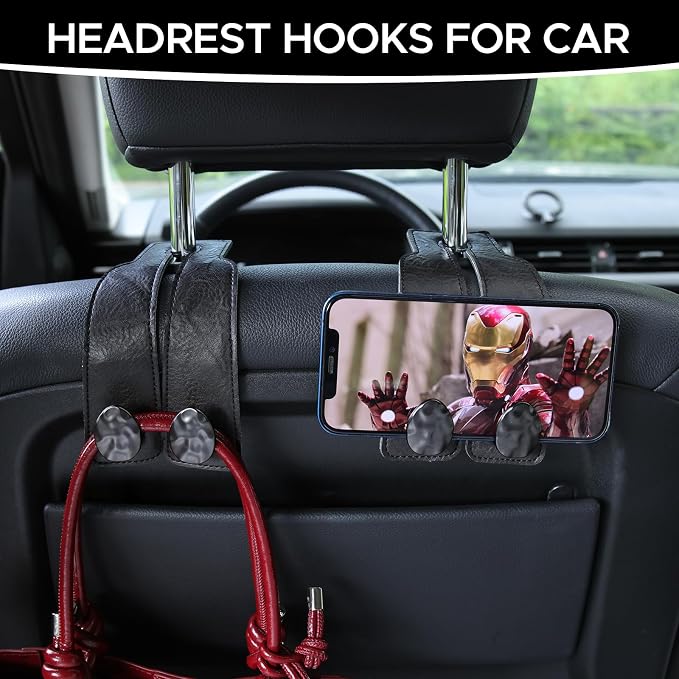 Leather Car Purse Hook for Headrest, 4 Pack (Black-Black) | Twin Hooks Headrest Hangers, 2/4 Pack, No-Slip, Scratch-Proof, Holds Purses, Backpacks, Grocery Bags, Car Organizer Gift