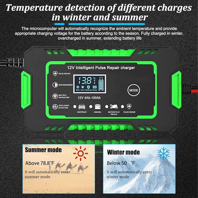 Car Battery Charger, 12V 6A Smart Fully Trickle Vehicle Battery Charger & Desulfator with Temperature Compensation, Portable Automotive Power Maintainer, Universal Fit (Green)
