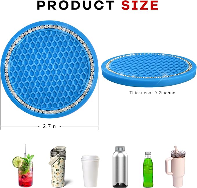 2PCS Bling Car Cup Coaster, 2.69 Inch Anti-Slip Auto Cup Holder Drink Mat w/Crystal Rhinestones, Universal Shiny Diamond Vehicle Insert Coasters Cups Mats for Women (Blue & White)