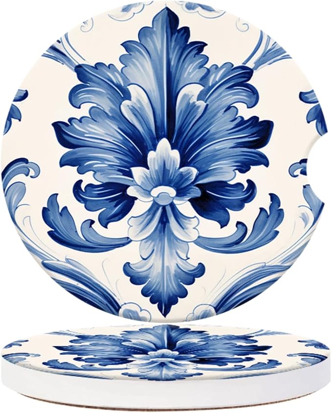 Cup Holder for Car,Blue and White Floral Elegant Print Ceramic Coasters Non-Slip Cup Holder Insert with Fingertip Grip, Auto Interior Accessories for Women & Men,Pack of 2, 2.56In