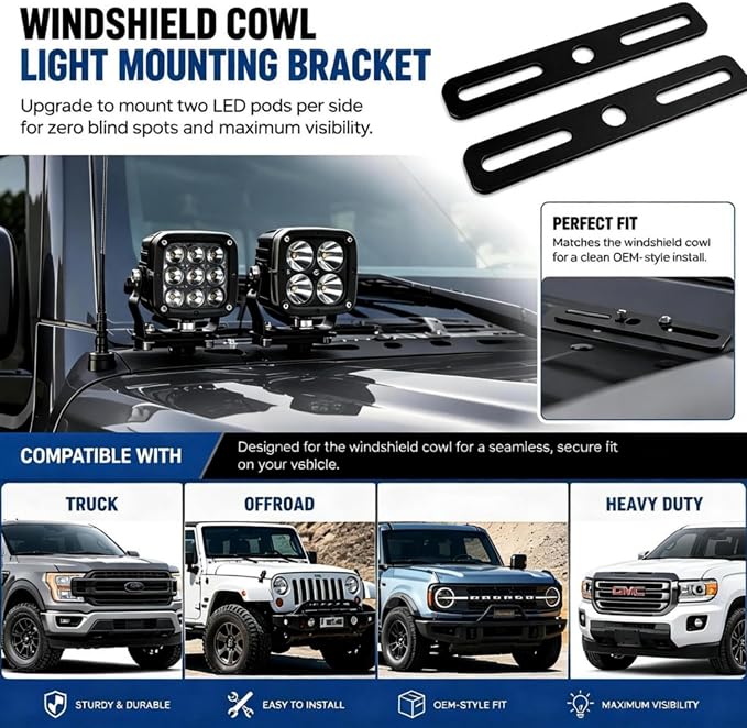 2PCS Ditch Light Bracket Extensions Heavy Duty A-Pillar LED Pod Mounts | Universal Light Mount Extension for Most Ditch Light Brackets, Steel Cowl Pod Light Mounting Brackets for SUV Trucks Vehicles