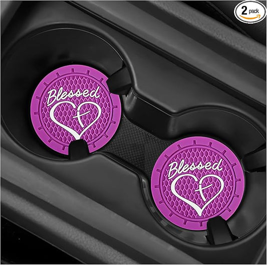 2 PCS Car Cup Holder Coaster, 2.76 Inch Soft PVC Non-Slip Blessed Cross and Heart Christian Car Cup Coasters, Auto Interior Shockproof Insert Drink Mat for Most Vehicles (Purple)