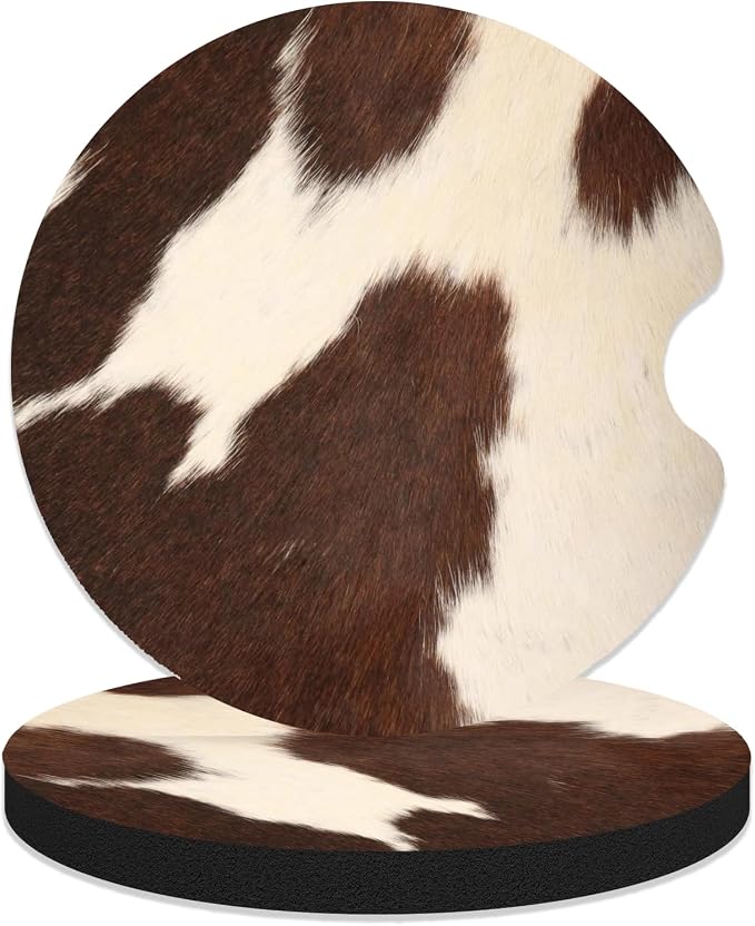 Car Coasters for Cup Holders - Animal Brown Cowhide Skin Print Cow | 2 Pack Anti Slip Universal Rubber Car Cup Coaster for Women Men, Car Interior Accessories