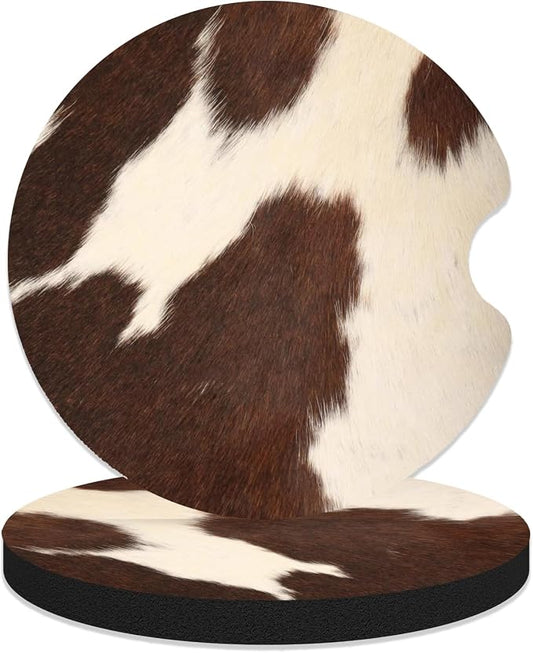 Car Coasters for Cup Holders - Animal Brown Cowhide Skin Print Cow | 2 Pack Anti Slip Universal Rubber Car Cup Coaster for Women Men, Car Interior Accessories