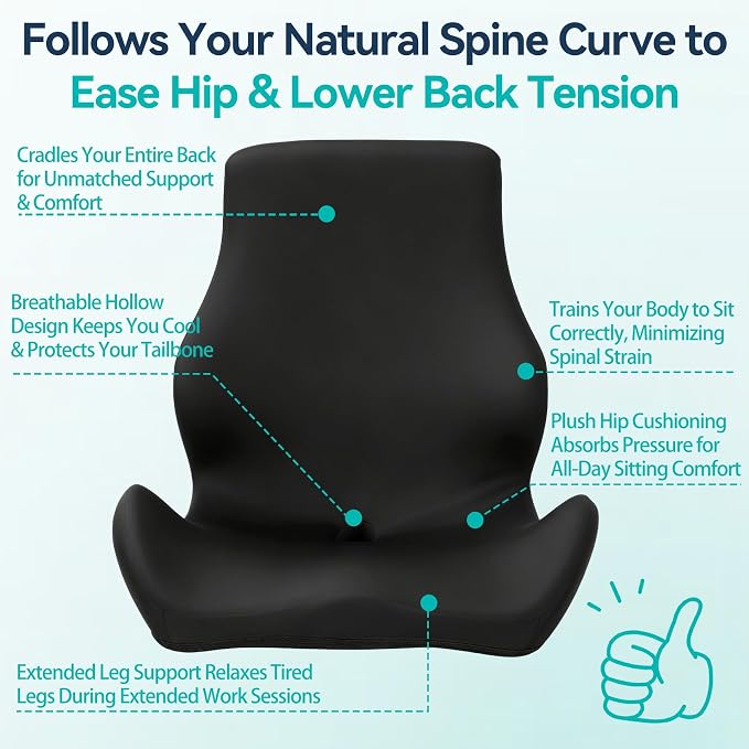 Seat Cushion with Back Support, Ergonomic Integrated Design | Memory Foam Seat Cushion with Lumbar Support Pillow, Relieves Coccyx & Sciatica Discomfort, Ideal for Office Chairs