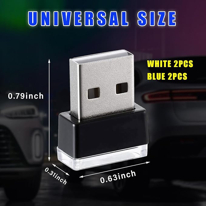 Augeny 4 PCS USB LED Car Interior Atmosphere Lamp, Plug-in USB Decor Night Light, Portable Auto Ambient Lighting Kit, Universal Vehicle Interior Accessories for Most Cars (White & Blue)