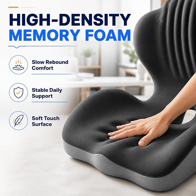 Ergonomic Memory Foam Seat Cushion with Back Support, Office Chair Cushion | L-Shaped Integrated Design with Lumbar Support and Tailbone Cutout for Office, Car, Computer, Dining Chairs (Black)
