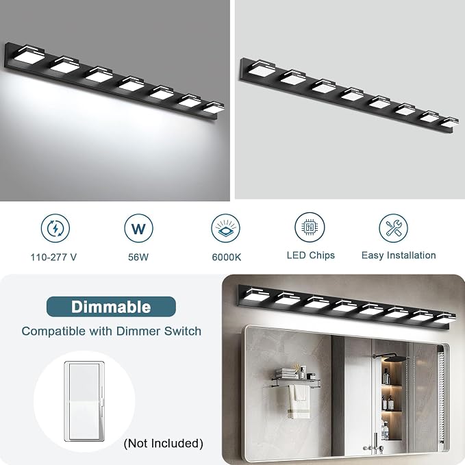 LED Modern Bathroom Vanity Light Fixtures, Dimmable Matte Black Vanity Lights for Bathroom Lighting Fixtures Over Mirror, with 360° Rotatable Acrylic Heads 8-Light 54-inch (Cool White 6000K)