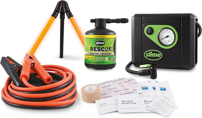 Slime 50160 Emergency Roadside Kit with Flat tire Repair and Booster Cables for Truck/SUV, Heavy-Duty Vehicles