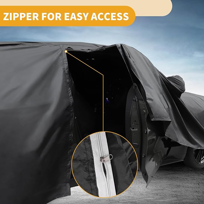Waterproof All-Weather Universal Car Cover with Right Side Zipper, 190T Polyeste Black Blue Fits for Sedan 177" to 185" Length
