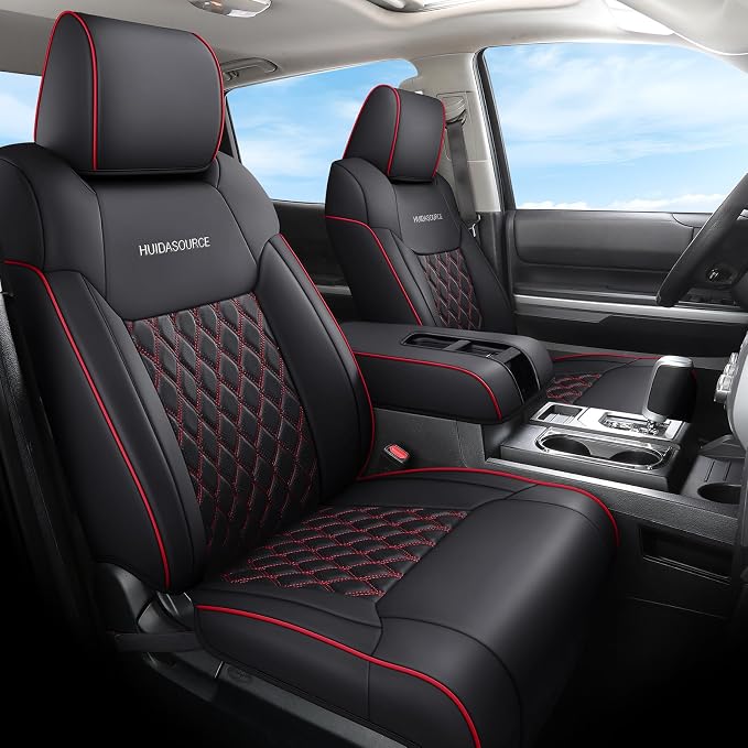 Huidasource Dodge Ram Front & Rear Seat Covers, Leather Car Seat Cover Full Coverage Waterproof Truck Seat Cushion Protector Fit for 2019-2025 RAM 1500 2500 3500 Crew/Mega Cab(Full Set/Black&Red)
