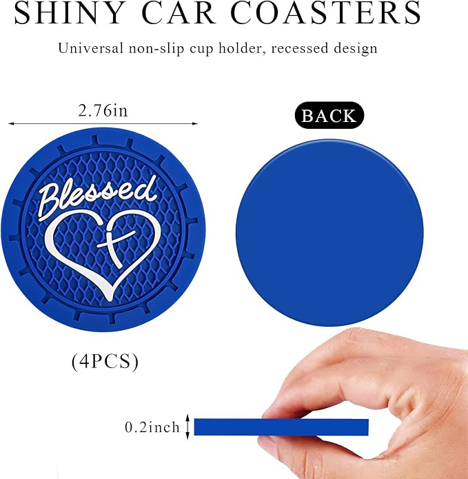 KVAEY 2 PCS Car Cup Holder Coasters, 2.76 Inch Anti Slip Vehicle Drink Mats with Cute Blessed Cross and Heart, Shockproof, Universal Car Accessories (Blue, 4 PCS)
